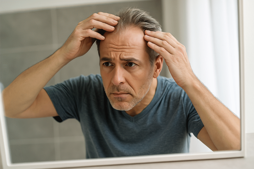 uomo che si guarda allo specchio scrutando il diradamento dei capelli
