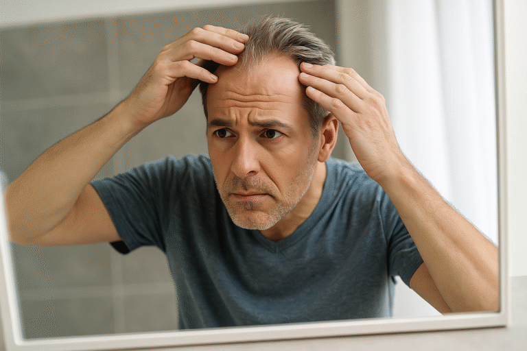 uomo che si guarda allo specchio scrutando il diradamento dei capelli