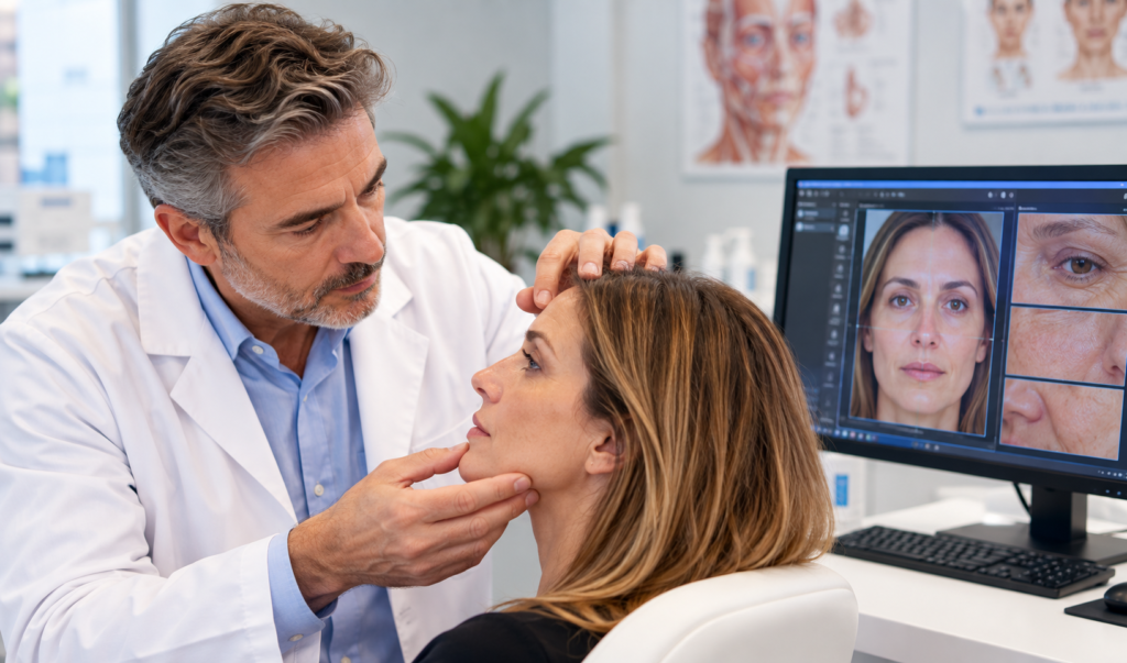 medico che valuta la texture cutanea viso