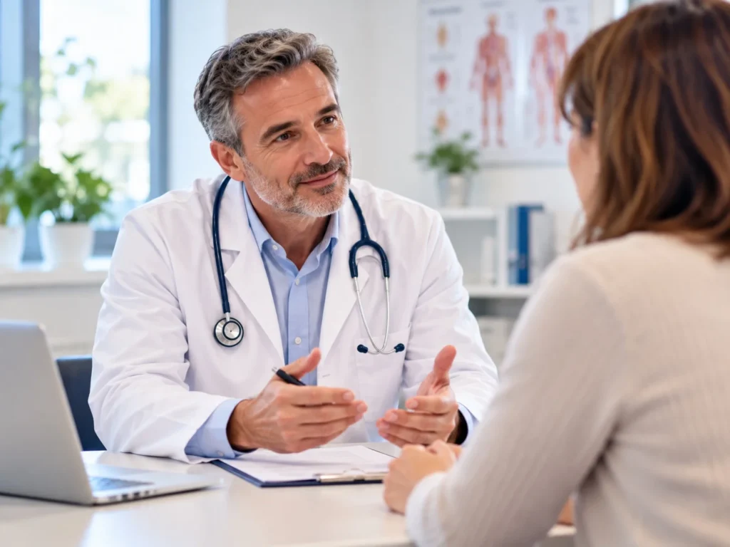 medico che parla con paziente in studio