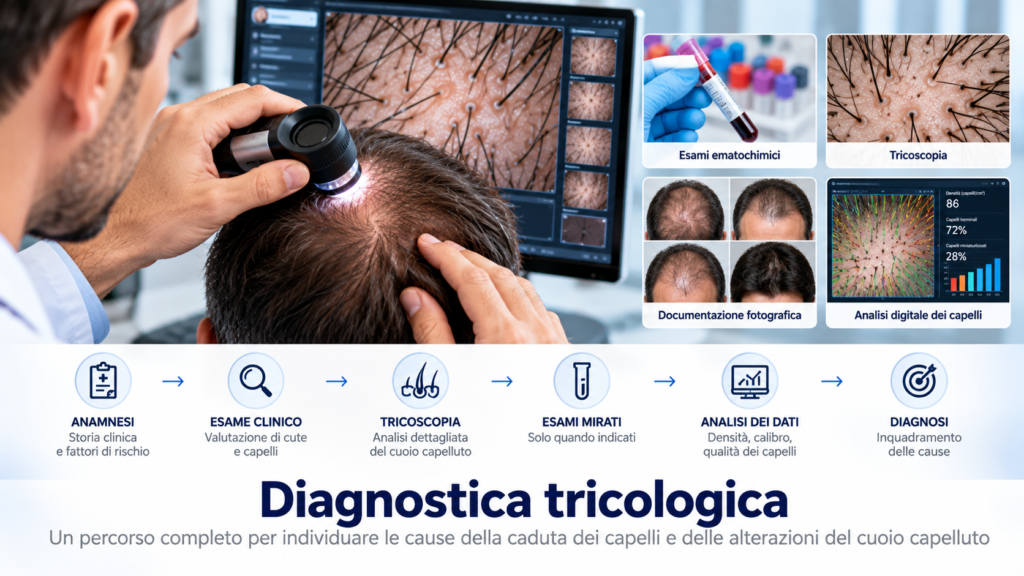 Diagnostica tricologica con esame clinico, tricoscopia e valutazione del cuoio capelluto per individuare le cause della caduta dei capelli
