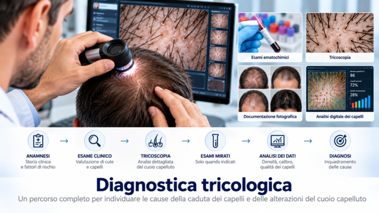 Diagnostica tricologica con esame clinico, tricoscopia e valutazione del cuoio capelluto per individuare le cause della caduta dei capelli